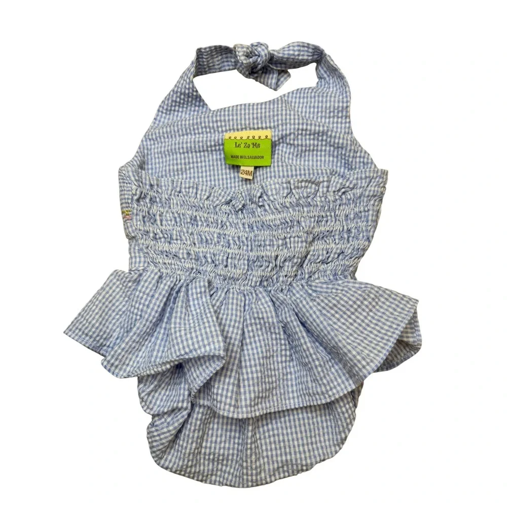 Le Za Me Sunsuit Blue Gingham Excellent Smocked Sailboat Baby Girls 24M Cotton